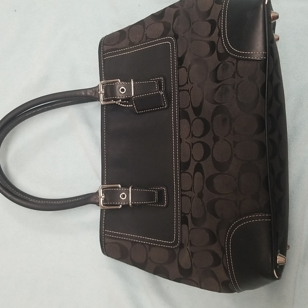 COACH Classic Logo Jacquard and Leather Satchel Bag  #F06366
